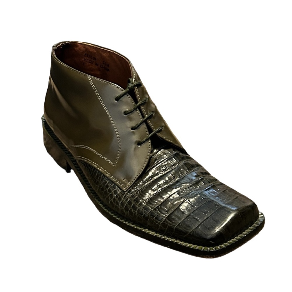 FRATELLI Men's Green Croc Embossed Leather Square Toe Lace Up Dress Shoe-Sz 9.5